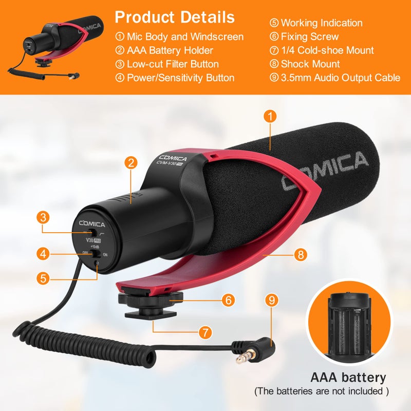 COMICA CVM-V30PRO Professional Super Cardioid Shotgun Microphone with Wind Muff, Camera Microphone for Canon Nikon Sony DSLR Cameras, Camcorders, iPhone Smartphones, etc - Image 5